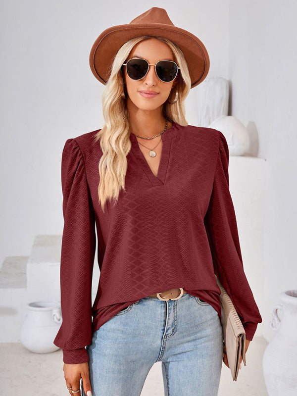 Nathalia V Neck Jacquard Long Sleeve Loose T-Shirt Top Ladies