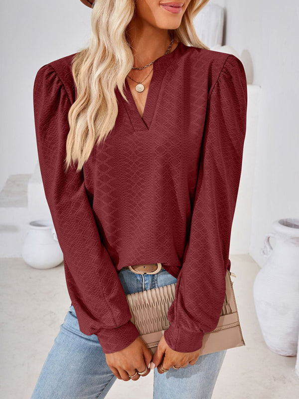 Nathalia V Neck Jacquard Long Sleeve Loose T-Shirt Top Ladies
