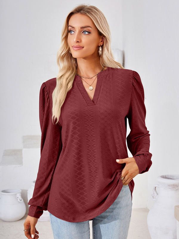 Nathalia V Neck Jacquard Long Sleeve Loose T-Shirt Top Ladies