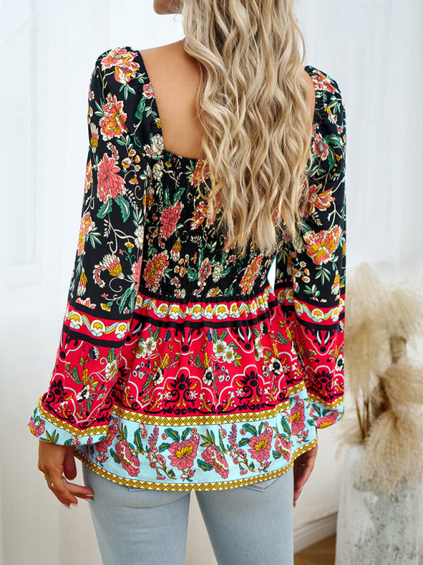 Narelle New Women's Floral Square Neck Long Sleeve Top