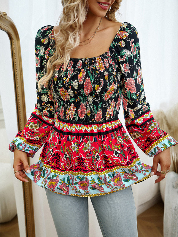 Narelle New Women's Floral Square Neck Long Sleeve Top