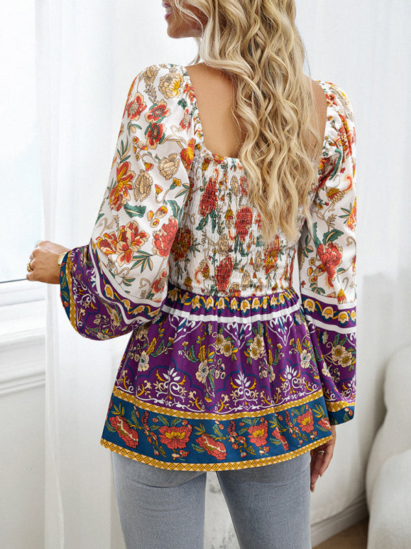 Narelle New Women's Floral Square Neck Long Sleeve Top