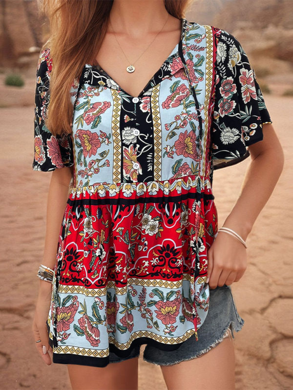 Cerella Bohemian Printed Ethnic Style Women's Temperament Shirt Women Blouse