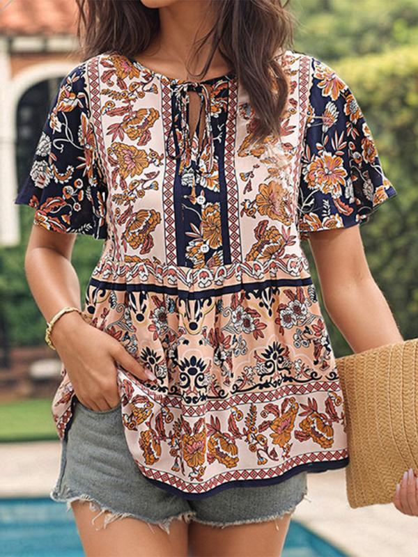 Cerella Bohemian Printed Ethnic Style Women's Temperament Shirt Women Blouse