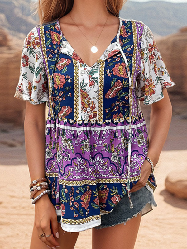 Cerella Bohemian Printed Ethnic Style Women's Temperament Shirt Women Blouse