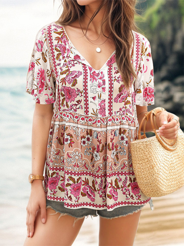 Cerella Bohemian Printed Ethnic Style Women's Temperament Shirt Women Blouse