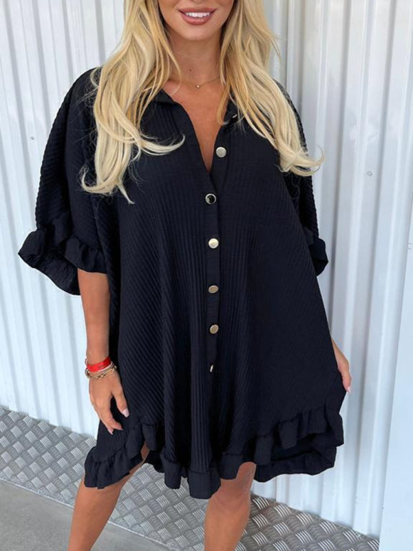 Dahlia New Women Fashion Solid Color Shirt Dress Ruffle Sleeve Irregular Shirt Dress