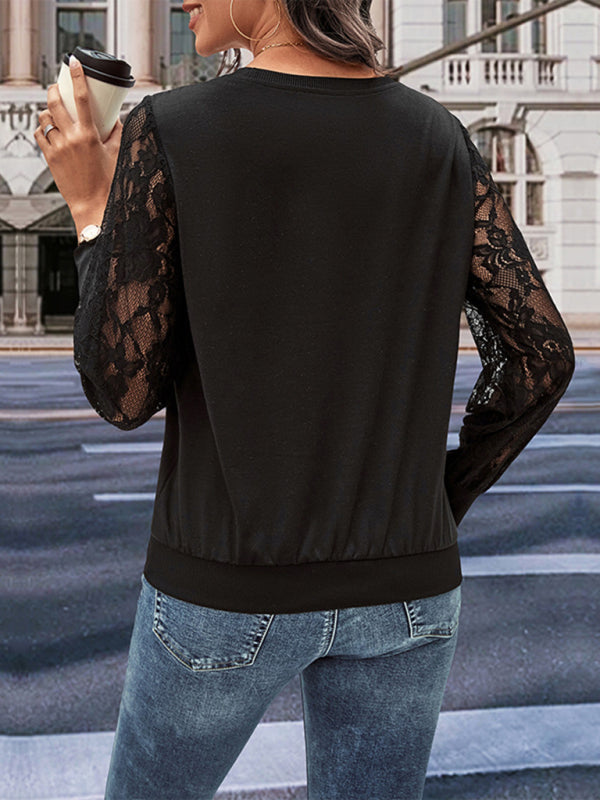 Christen New Women's Lace Stitching Black Long-Sleeved Sweater Top