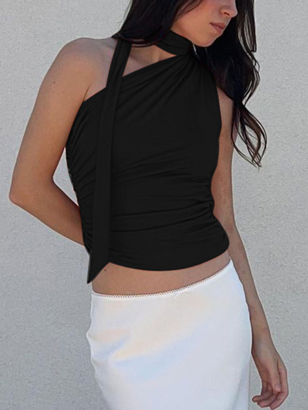 Luisa Casual All-Match Slim-Fit One-Shoulder Streamer Design Solid Color Sleeveless Vest Top