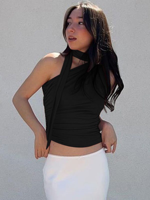 Luisa Casual All-Match Slim-Fit One-Shoulder Streamer Design Solid Color Sleeveless Vest Top