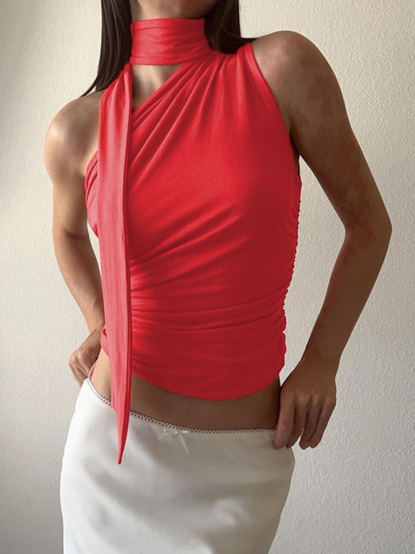 Luisa Casual All-Match Slim-Fit One-Shoulder Streamer Design Solid Color Sleeveless Vest Top