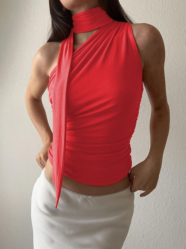 Luisa Casual All-Match Slim-Fit One-Shoulder Streamer Design Solid Color Sleeveless Vest Top