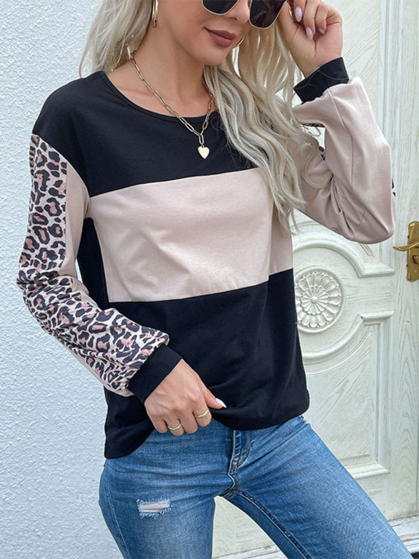 Miley New Fashion Loose Casual Top Leopard Stitching Long Sleeve T-Shirt