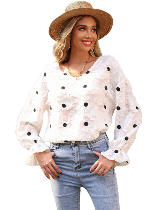 Saskia Women's Top Long Sleeve V Neck Polka Dot White Shirt