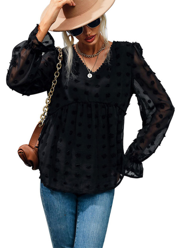 Salome Women's Fashion Tops Thin Loose V-Neck Long Sleeve Black Shirt