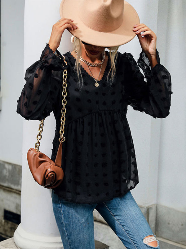 Salome Women's Fashion Tops Thin Loose V-Neck Long Sleeve Black Shirt