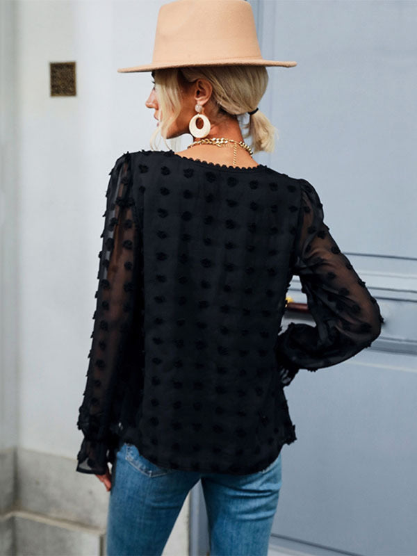 Salome Women's Fashion Tops Thin Loose V-Neck Long Sleeve Black Shirt