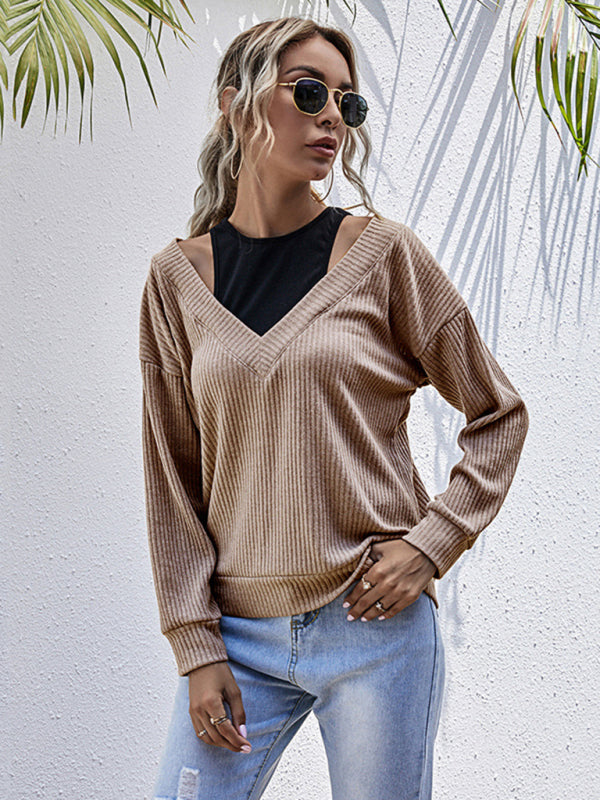 Irma Women's Bottom Fake Two-Piece Oversized Stitching V-Neck Knitted Sweater