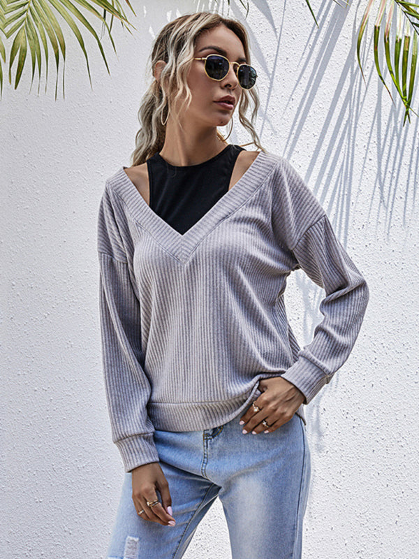 Irma Women's Bottom Fake Two-Piece Oversized Stitching V-Neck Knitted Sweater