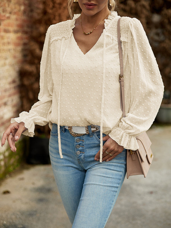 Elisa New Woman Fashion Elegant V-neck knotted Long-sleeved Top Blouse