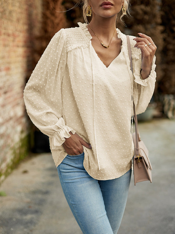 Elisa New Woman Fashion Elegant V-neck knotted Long-sleeved Top Blouse