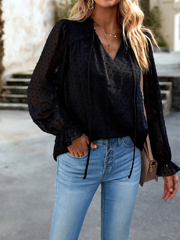 Elisa New Woman Fashion Elegant V-neck knotted Long-sleeved Top Blouse
