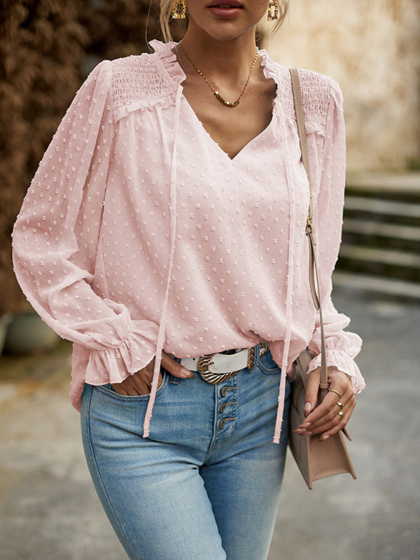 Elisa New Woman Fashion Elegant V-neck knotted Long-sleeved Top Blouse
