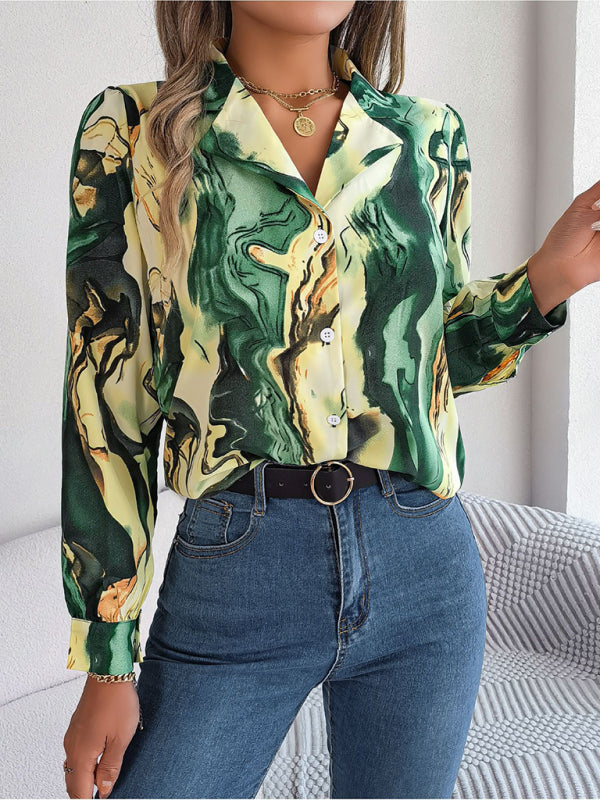 Vespera New Women's Casual Color Contrast Striped Suit Collar Long-Sleeved Shirt