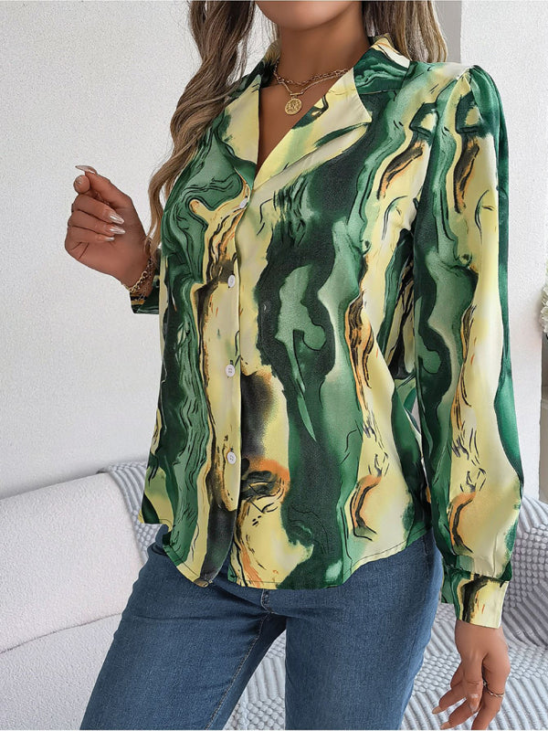 Vespera New Women's Casual Color Contrast Striped Suit Collar Long-Sleeved Shirt