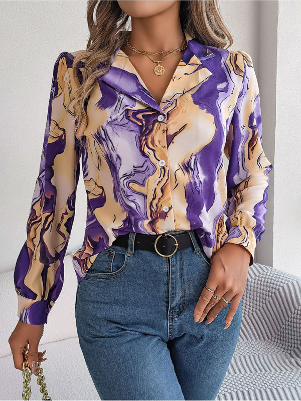 Vespera New Women's Casual Color Contrast Striped Suit Collar Long-Sleeved Shirt