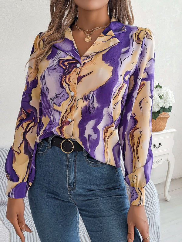 Vespera New Women's Casual Color Contrast Striped Suit Collar Long-Sleeved Shirt