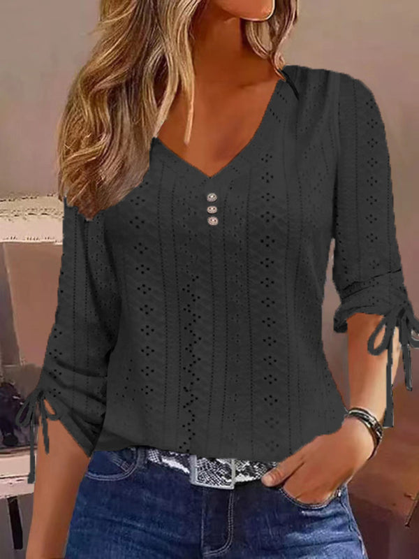 Cindy New Women's New Solid Color Jacquard Button Long Sleeve T-Shirt Top