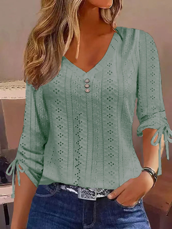 Cindy New Women's New Solid Color Jacquard Button Long Sleeve T-Shirt Top