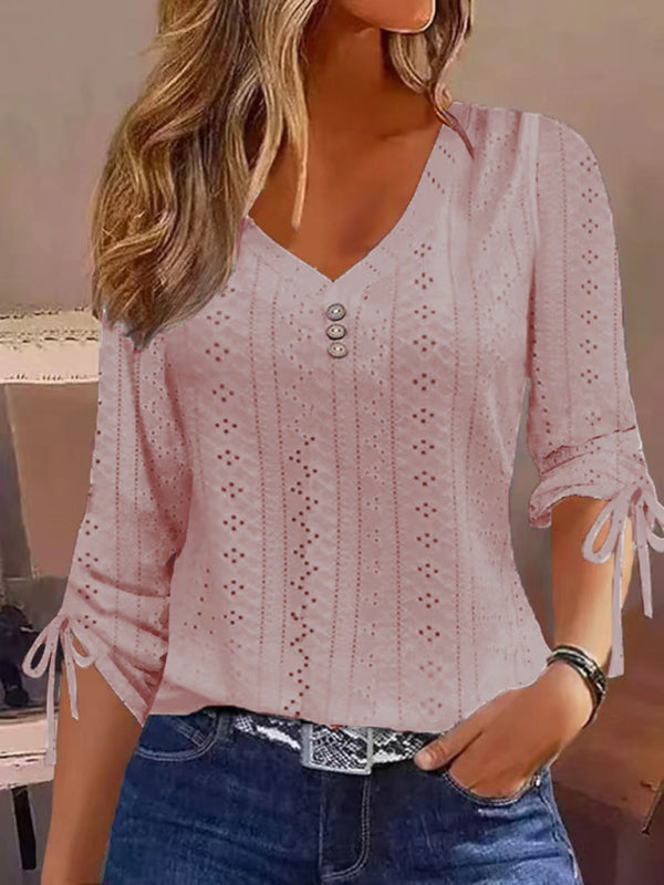 Cindy New Women's New Solid Color Jacquard Button Long Sleeve T-Shirt Top
