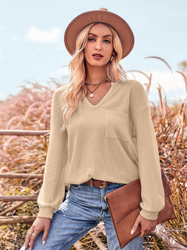 Rafaela V Neck Casual Slim Long Sleeve Top With Pockets