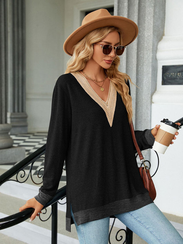Elsie New Style Lace V-Neck Contrast Color Slit Loose Long-Sleeved T-Shirt Top