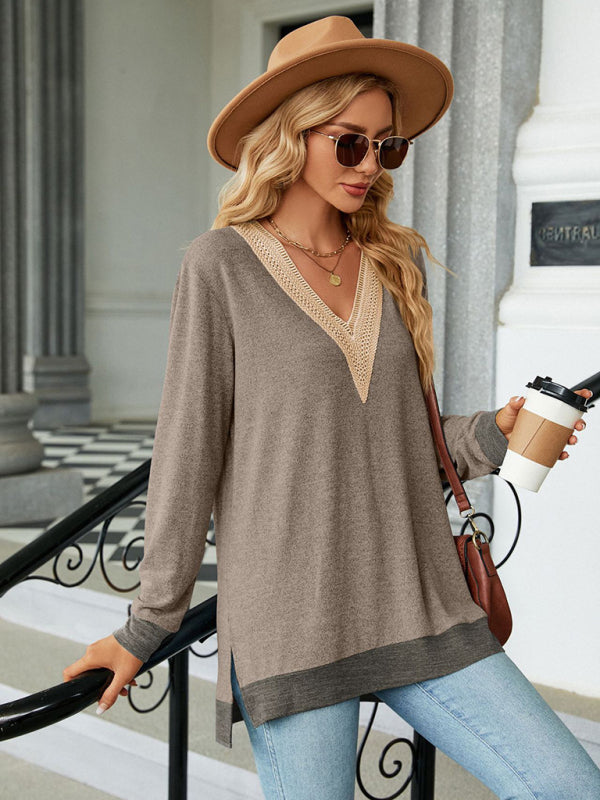 Elsie New Style Lace V-Neck Contrast Color Slit Loose Long-Sleeved T-Shirt Top