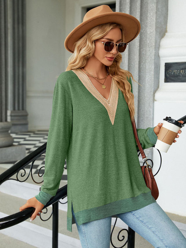 Elsie New Style Lace V-Neck Contrast Color Slit Loose Long-Sleeved T-Shirt Top