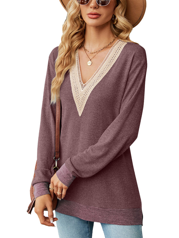 Elsie New Style Lace V-Neck Contrast Color Slit Loose Long-Sleeved T-Shirt Top