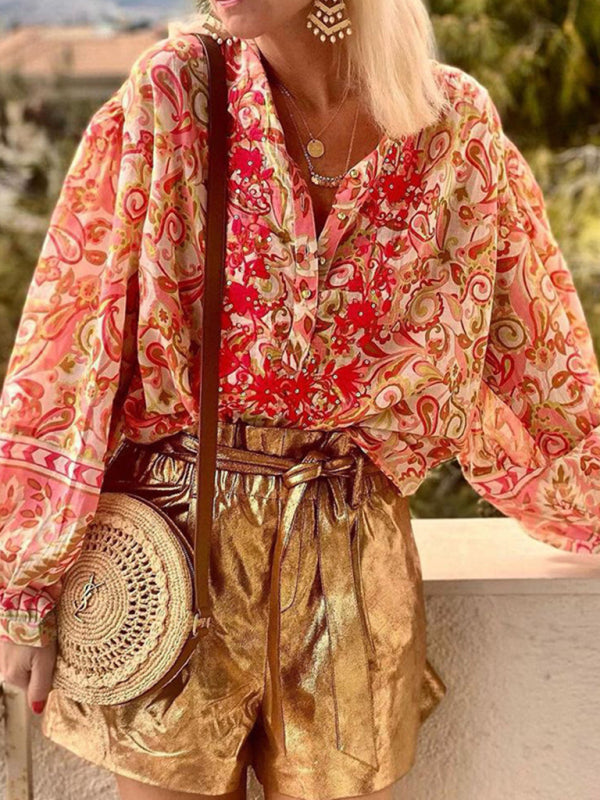 Soleil Ladies Print Fashion Casual Floral V Neck Button Down Long Sleeve Shirt