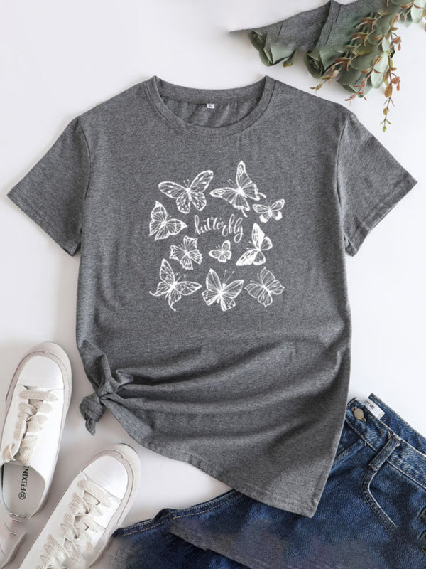 Bronwyn Women's Butterfly Print Round Neck Short Sleeve T-Shirt