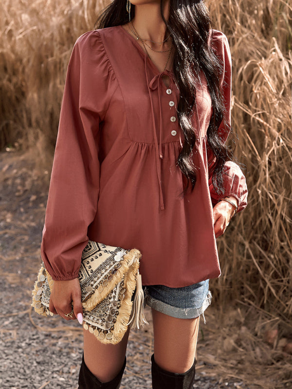 Aldora New Women's Temperament Commuting Solid Color V-Neck Long-Sleeved Top