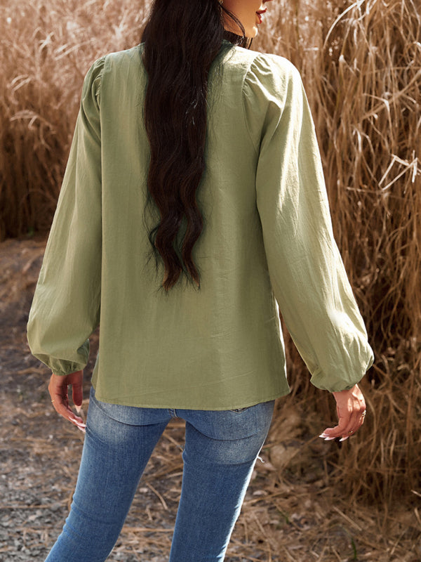 Aldora New Women's Temperament Commuting Solid Color V-Neck Long-Sleeved Top