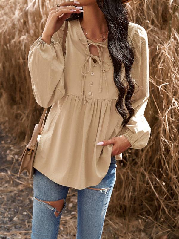 Aldora New Women's Temperament Commuting Solid Color V-Neck Long-Sleeved Top