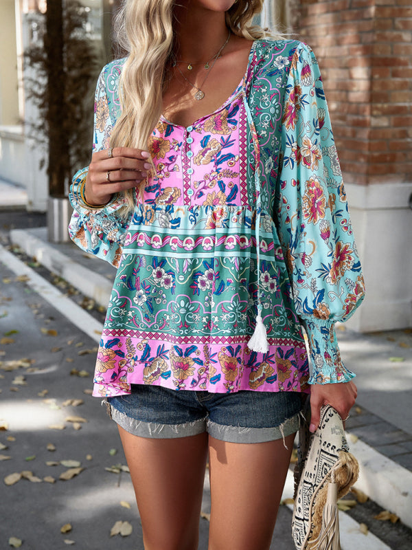Ailsa Bohemian Casual Style Cotton Printed Long-Sleeved Shirt For Women