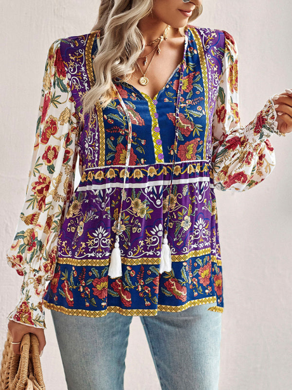 Adrielle Bohemian Casual Style Cotton Printed Long-Sleeved Shirt For Women