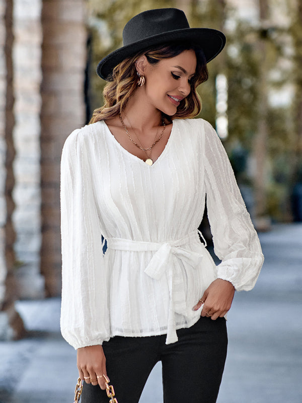 Adelina Casual V-Neck Tied Waist Slim Long Sleeves