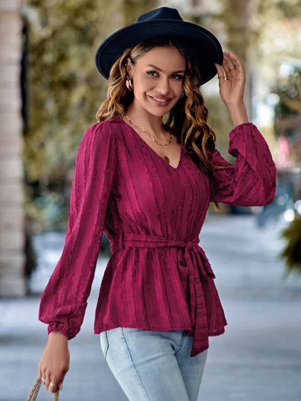 Adelina Casual V-Neck Tied Waist Slim Long Sleeves