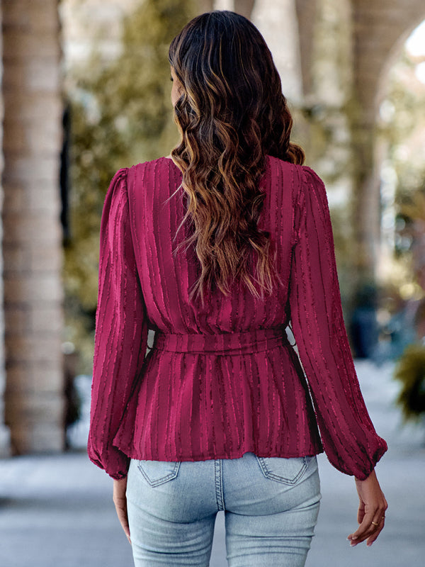 Adelina Casual V-Neck Tied Waist Slim Long Sleeves