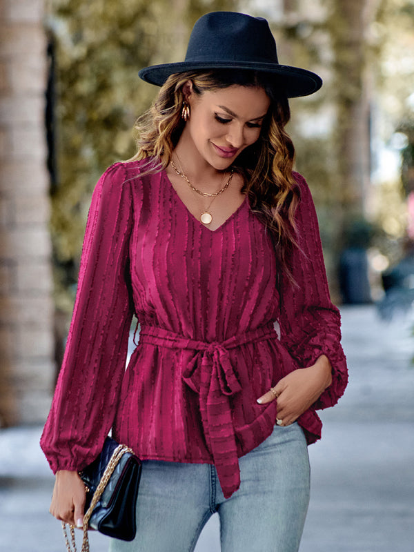 Adelina Casual V-Neck Tied Waist Slim Long Sleeves
